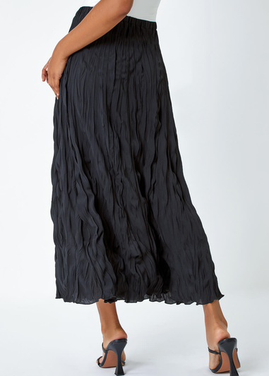 Roman Black Crinkle Textured Elastic Waist A Line Midi Skirt