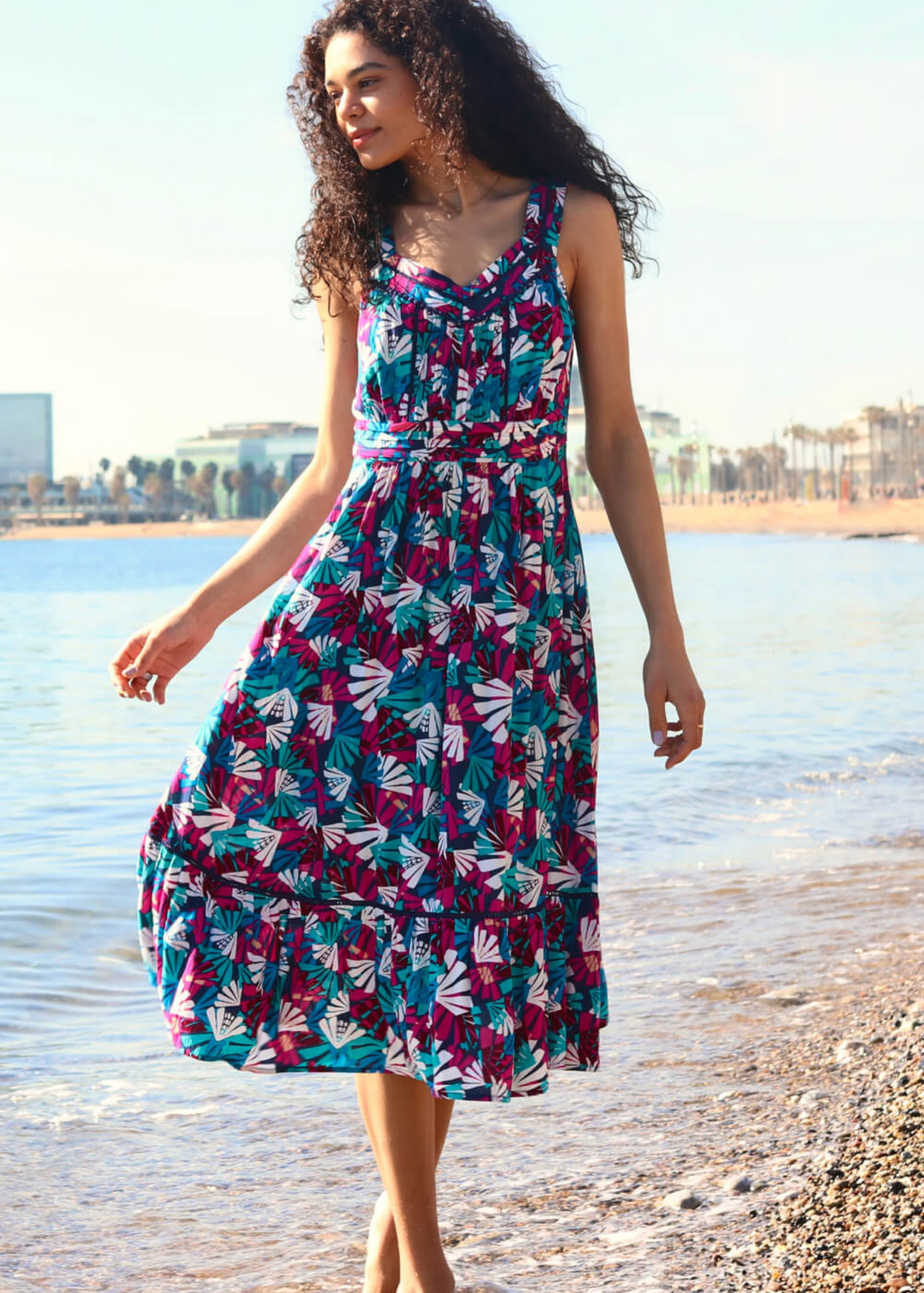 Roman Multi Palm Print Midi Length Sun Dress