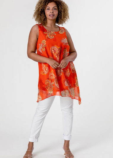 Roman Orange Curve Paisley Print Chiffon Vest Top