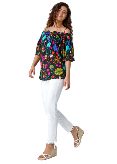 Roman Black Floral Tie Detail Bardot Top