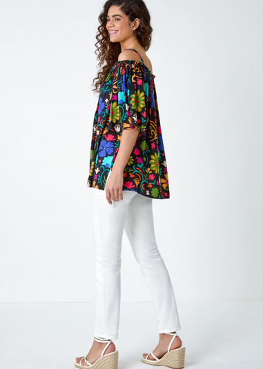 Roman Black Floral Tie Detail Bardot Top