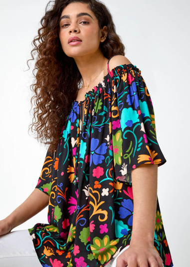 Roman Black Floral Tie Detail Bardot Top