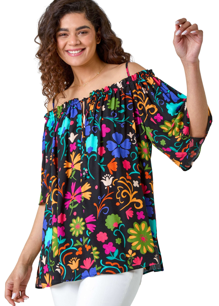 Roman Black Floral Tie Detail Bardot Top