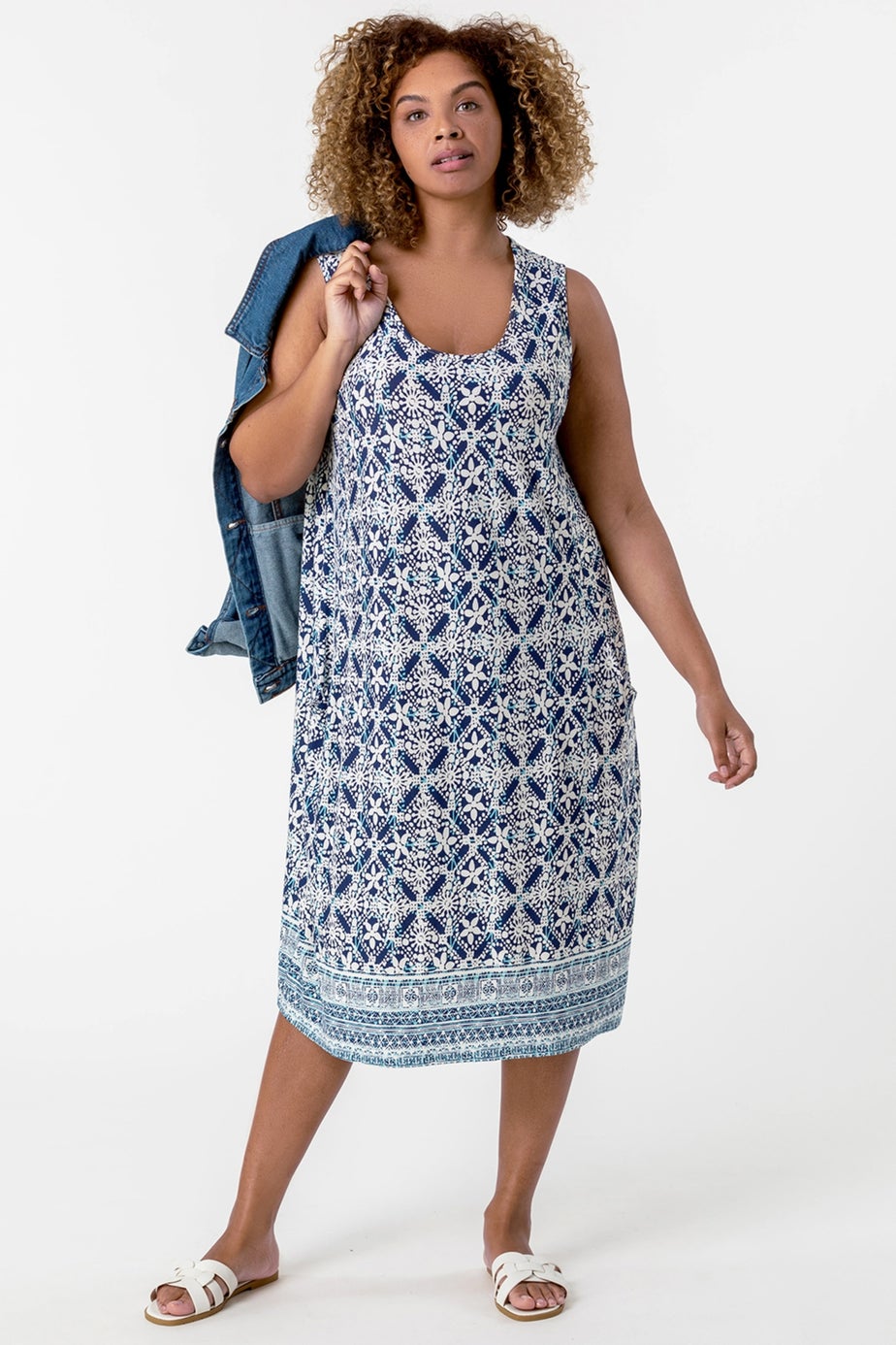 Roman Curve Blue Geo Stretch Cocoon Dress