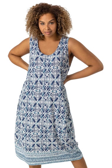 Roman Curve Blue Geo Stretch Cocoon Dress