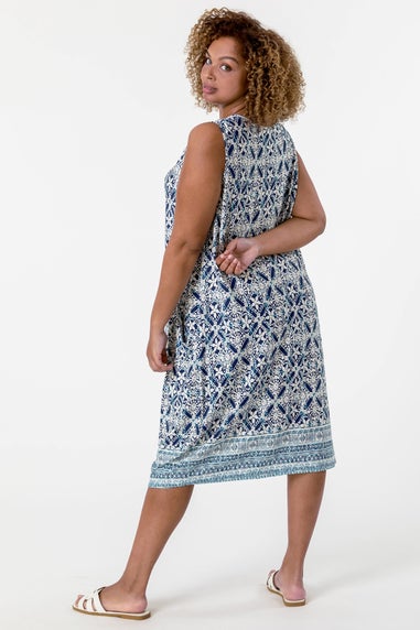 Roman Curve Blue Geo Stretch Cocoon Dress