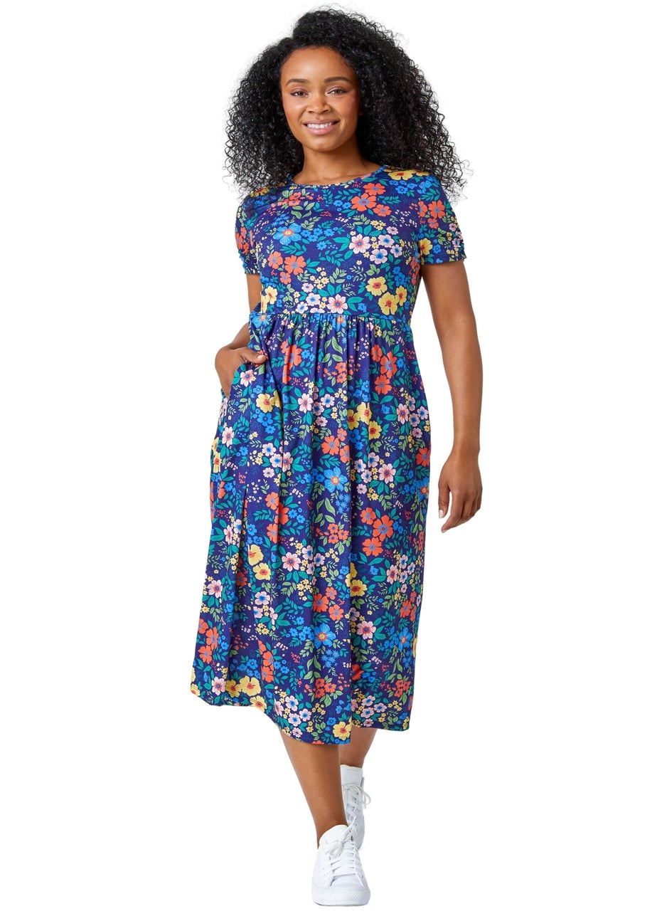 Roman Navy Petite Floral Print Midi Stretch Dress