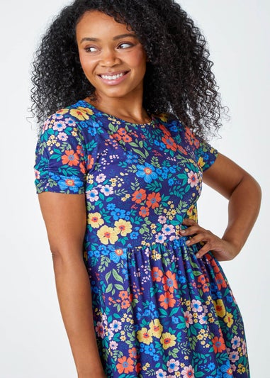 Roman Navy Petite Floral Print Midi Stretch Dress