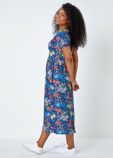 Roman Navy Petite Floral Print Midi Stretch Dress
