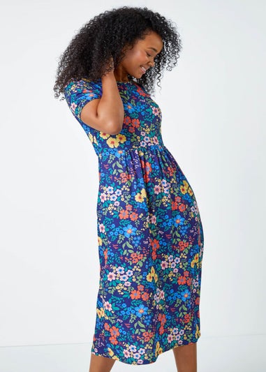 Roman Navy Petite Floral Print Midi Stretch Dress