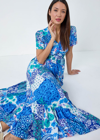 Roman Blue Patchwork Paisley Frilled Hem Maxi Dress