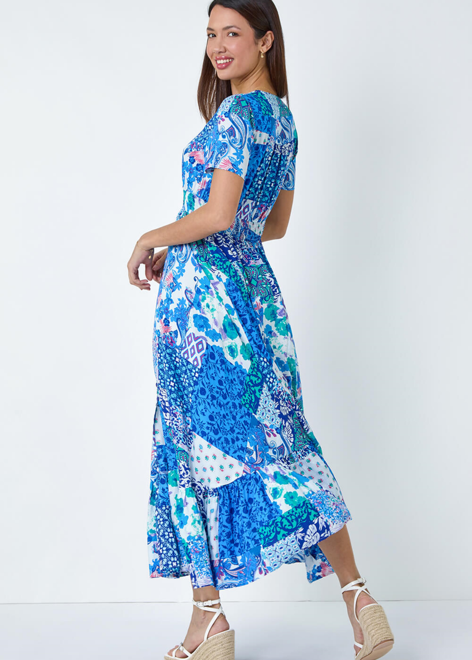 Roman Blue Patchwork Paisley Frilled Hem Maxi Dress