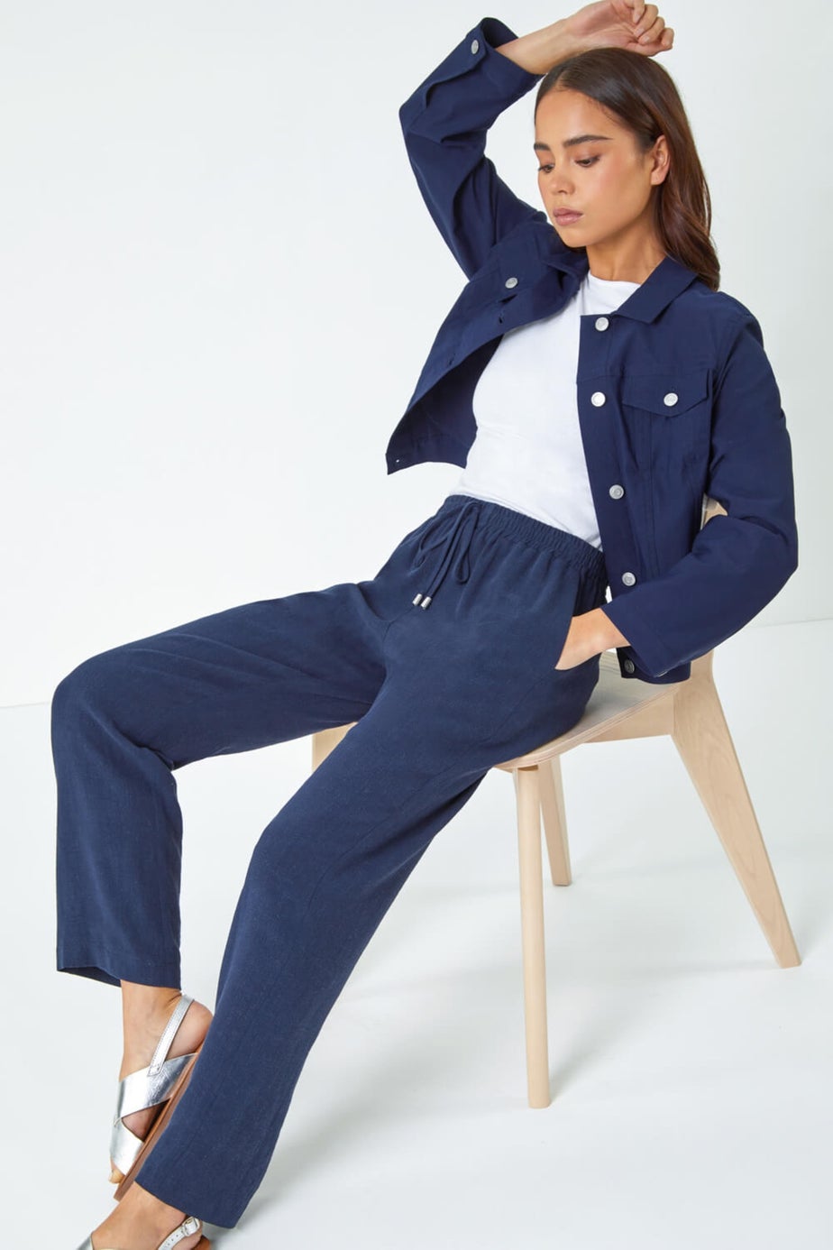 Roman Navy Petite Linen Mix Trousers