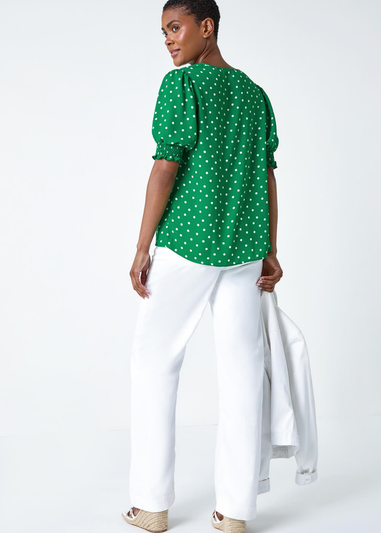 Roman Green Polka Dot Shirred V-Neck Top