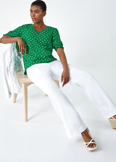 Roman Green Polka Dot Shirred V-Neck Top