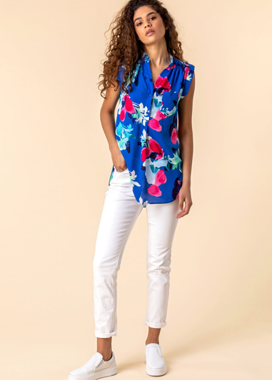Roman Royal Blue Floral Print Tunic Top