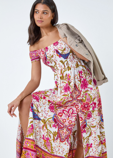 Roman Fuchsia Paisley Shirred Bardot Maxi Dress