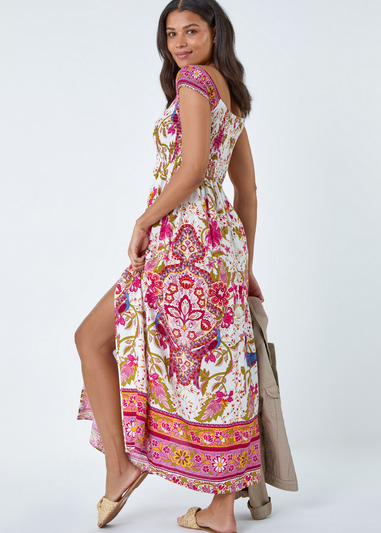 Roman Fuchsia Paisley Shirred Bardot Maxi Dress