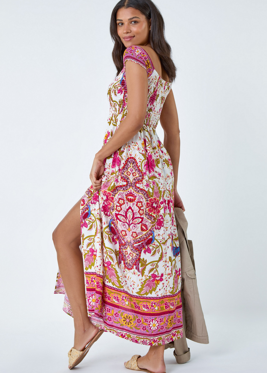 Roman Fuchsia Paisley Shirred Bardot Maxi Dress