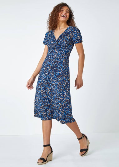 Roman Royal Blue Animal Twist Front Midi Stretch Dress