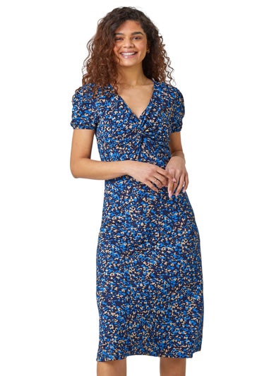 Roman Royal Blue Animal Twist Front Midi Stretch Dress