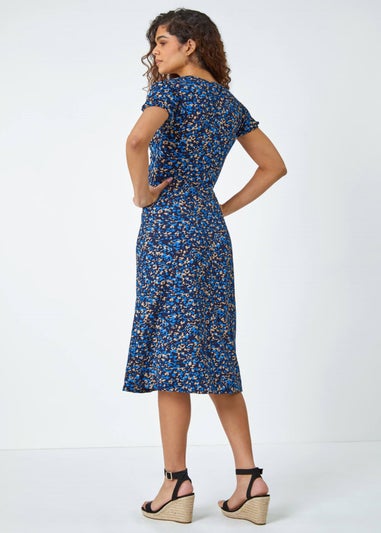 Roman Royal Blue Animal Twist Front Midi Stretch Dress