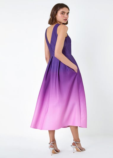 Roman Purple Ombre Pleated Luxe Stretch Midi Dress