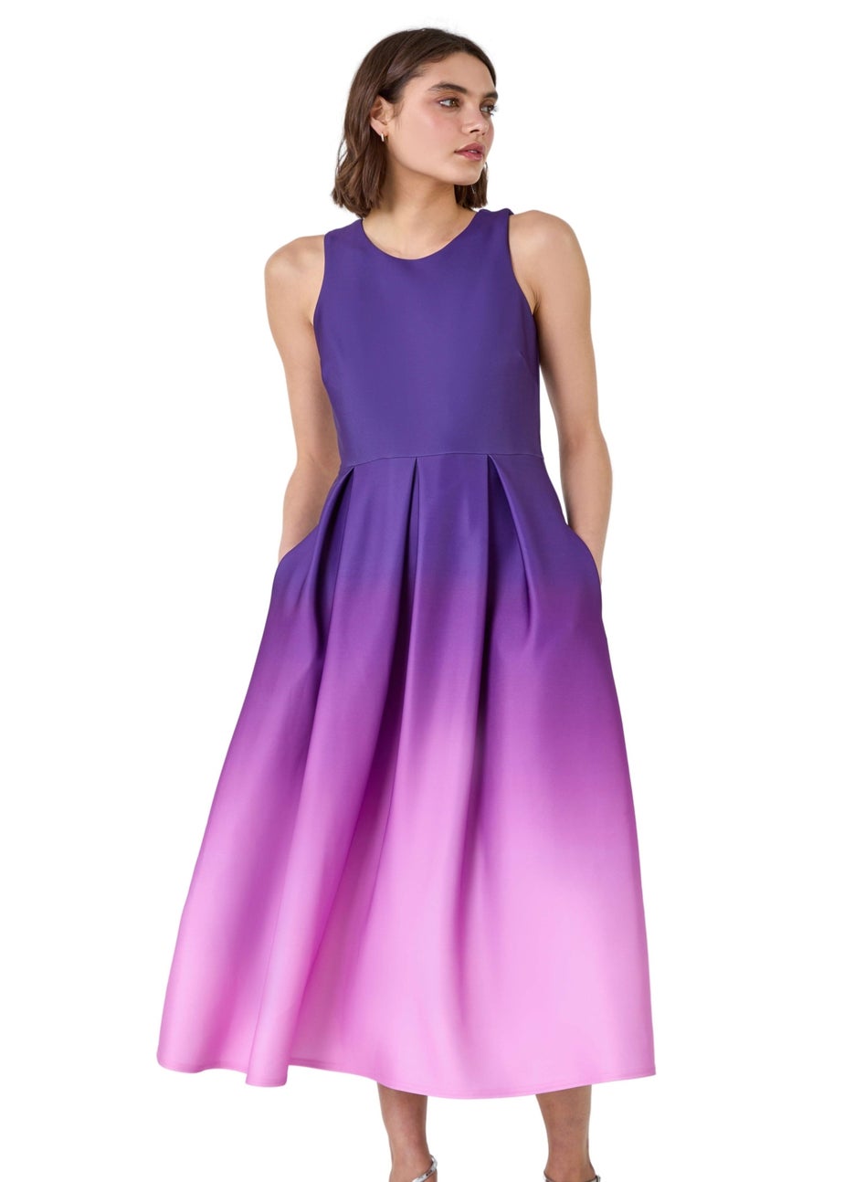 Roman Purple Ombre Pleated Luxe Stretch Midi Dress