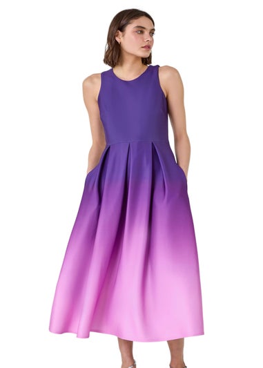 Roman Purple Ombre Pleated Luxe Stretch Midi Dress