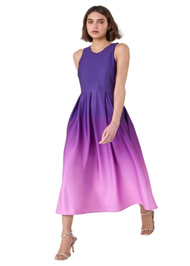 Roman Purple Ombre Pleated Luxe Stretch Midi Dress
