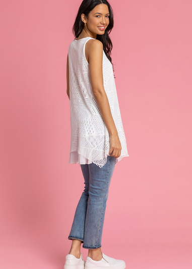 Roman White Stretch Lace Hanky Hem Vest Top