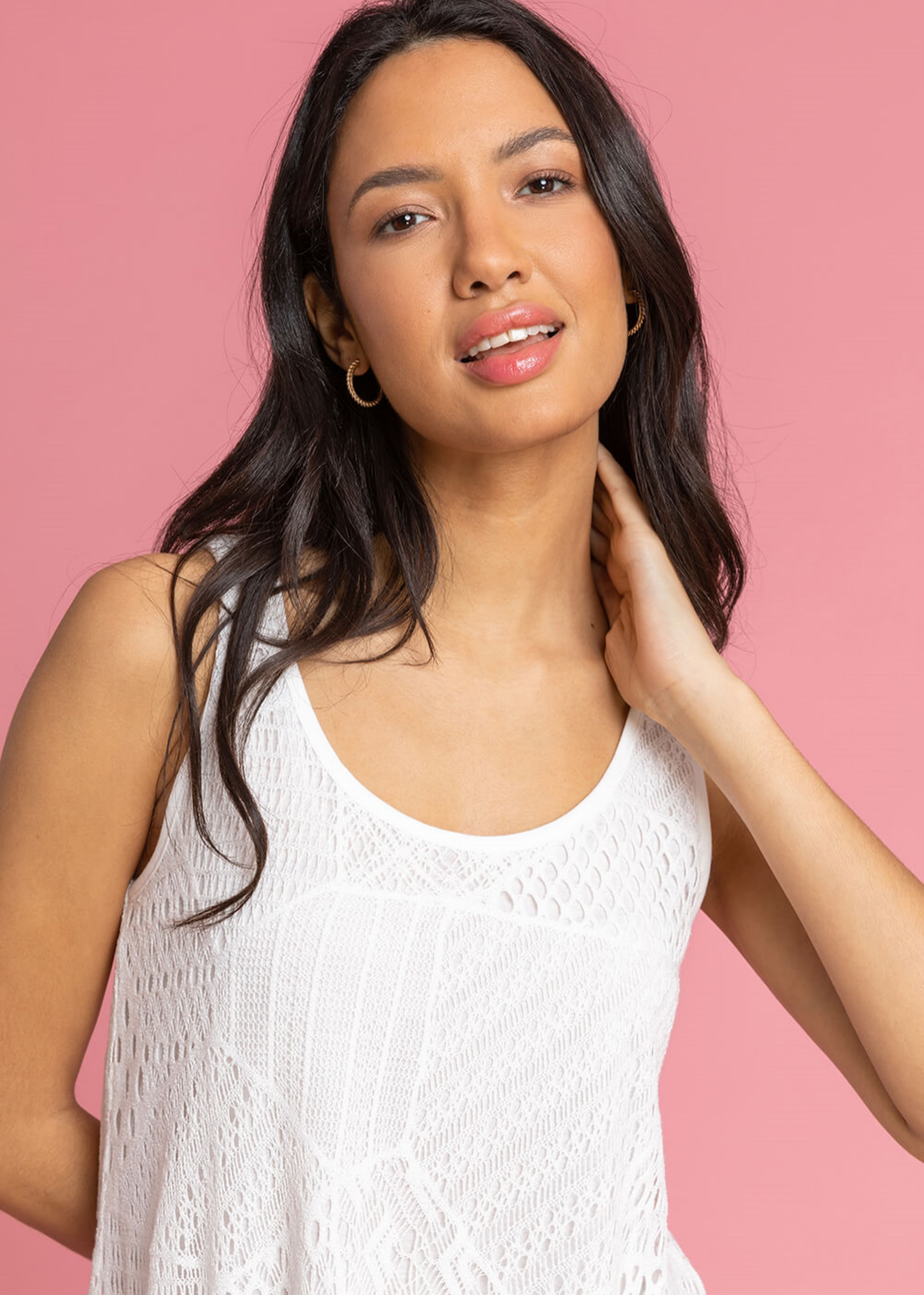 Roman White Stretch Lace Hanky Hem Vest Top