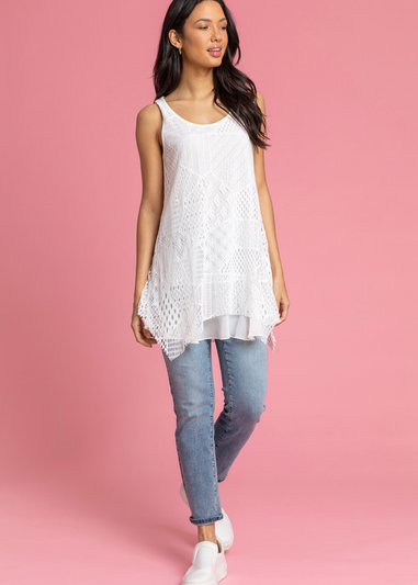 Roman White Stretch Lace Hanky Hem Vest Top