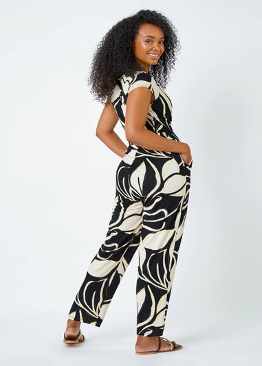 Roman Black Petite Leaf Print Stretch Jumpsuit