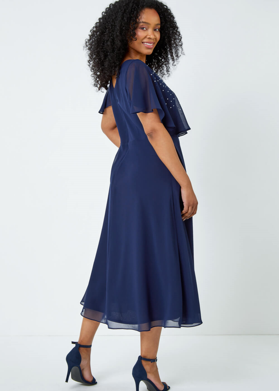 Roman Navy Petite Embellished Midi Cape Dress