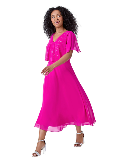 Roman Pink Petite Embellished Midi Cape Dress