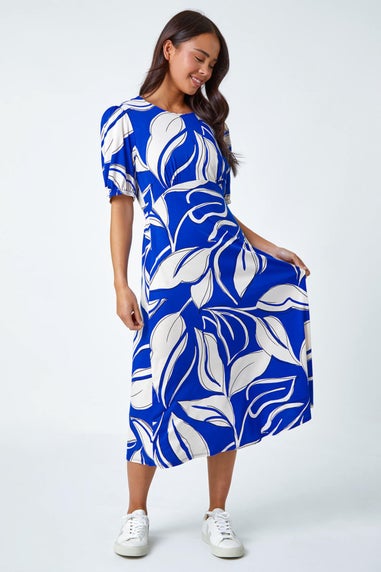 Roman Royal Blue Petite Leaf Stretch Midi Dress