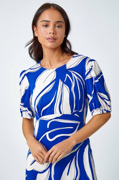 Roman Royal Blue Petite Leaf Stretch Midi Dress