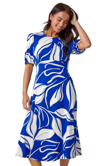 Roman Royal Blue Petite Leaf Stretch Midi Dress