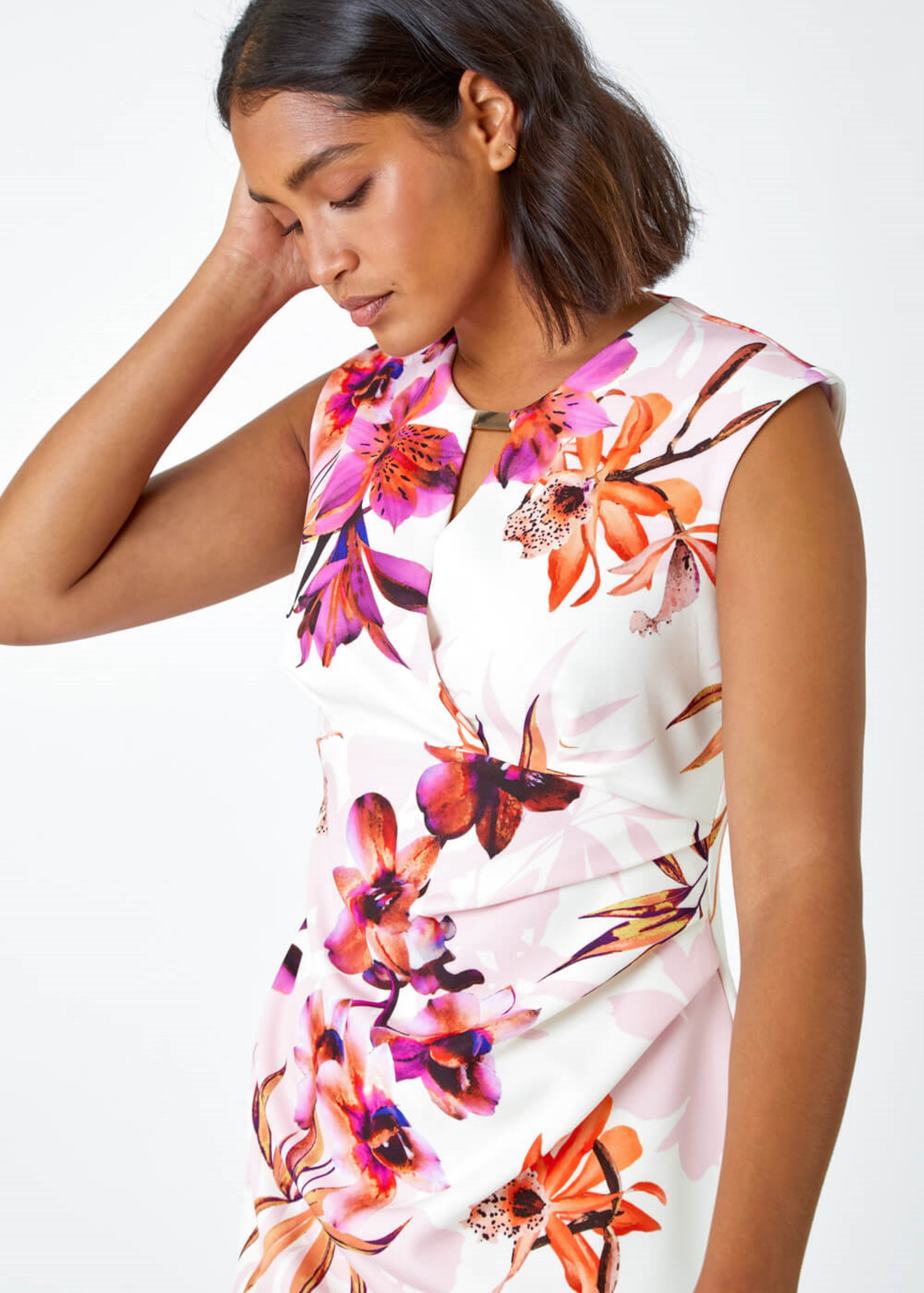 Roman Ivory Floral Print Ruched Shift Bodycon Wrap Dress