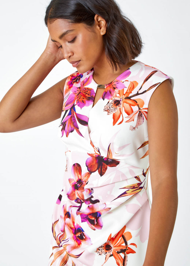 Roman Ivory Floral Print Ruched Shift Bodycon Wrap Dress