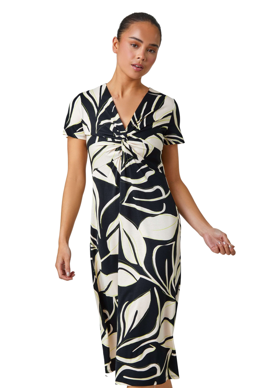 Roman Black Petite Leaf Twist Stretch Dress