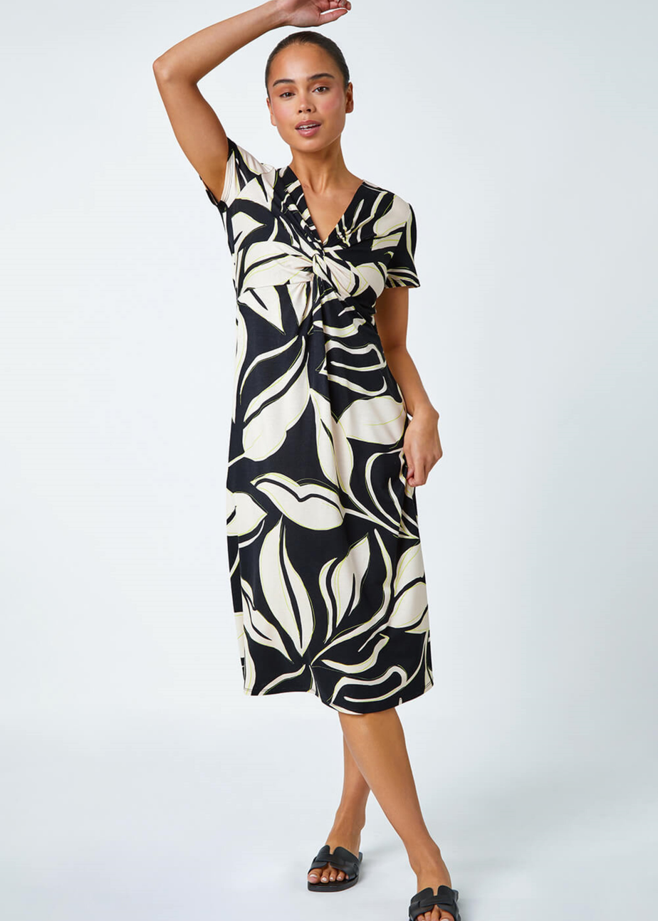 Roman Black Petite Leaf Twist Stretch Dress