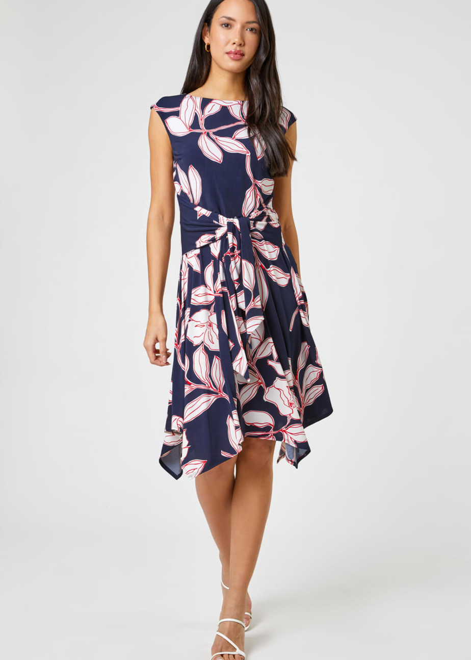 Roman Red Floral Tie Waist Hanky Hem Asymmetric Dress