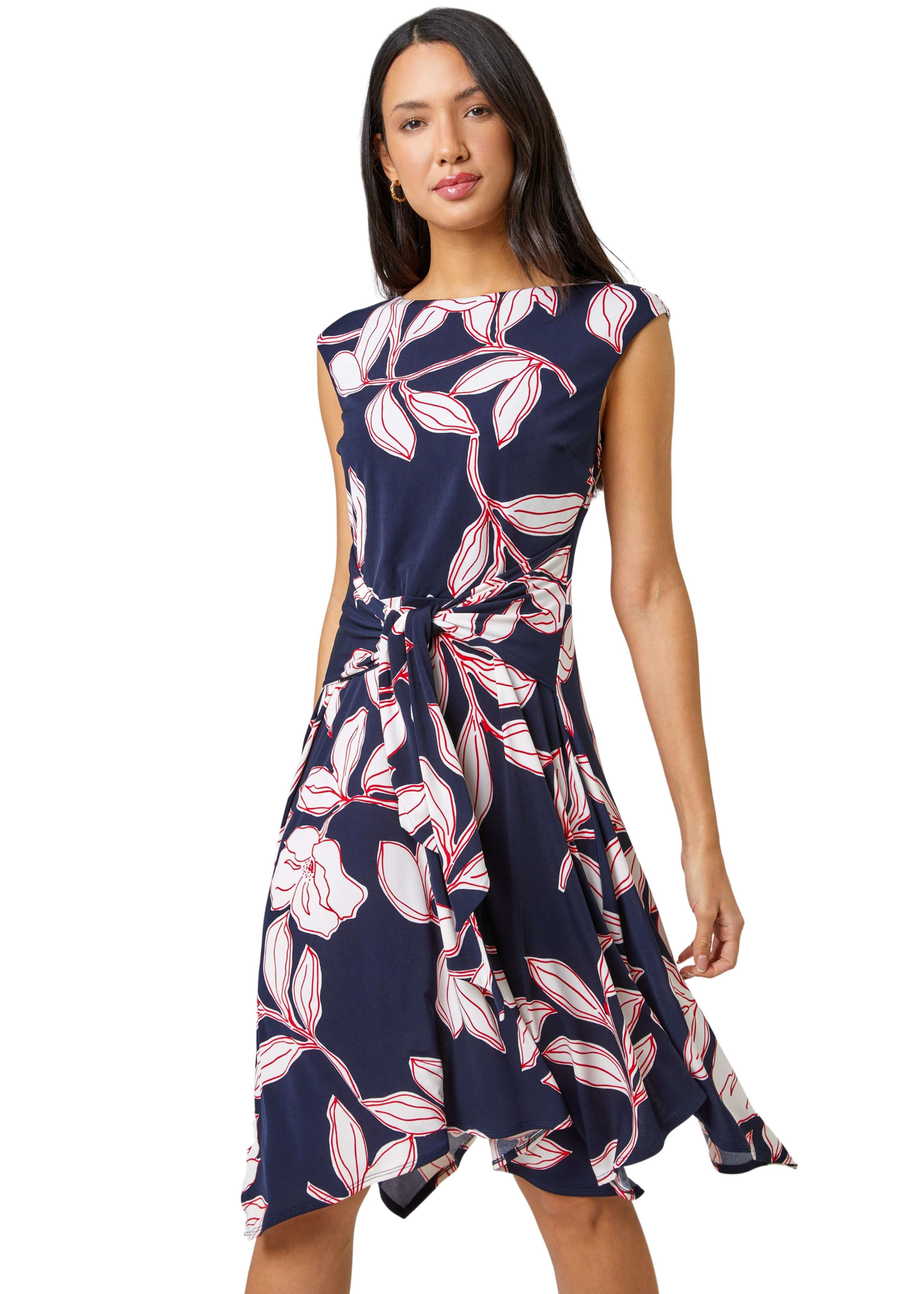 Roman Red Floral Tie Waist Hanky Hem Asymmetric Dress