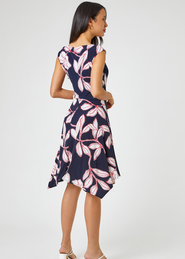 Roman Red Floral Tie Waist Hanky Hem Asymmetric Dress