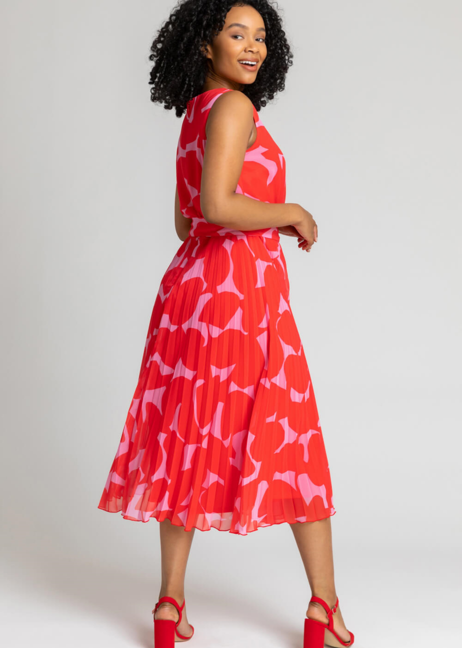 Roman Red Petite Abstract Print Pleated Midi Dress