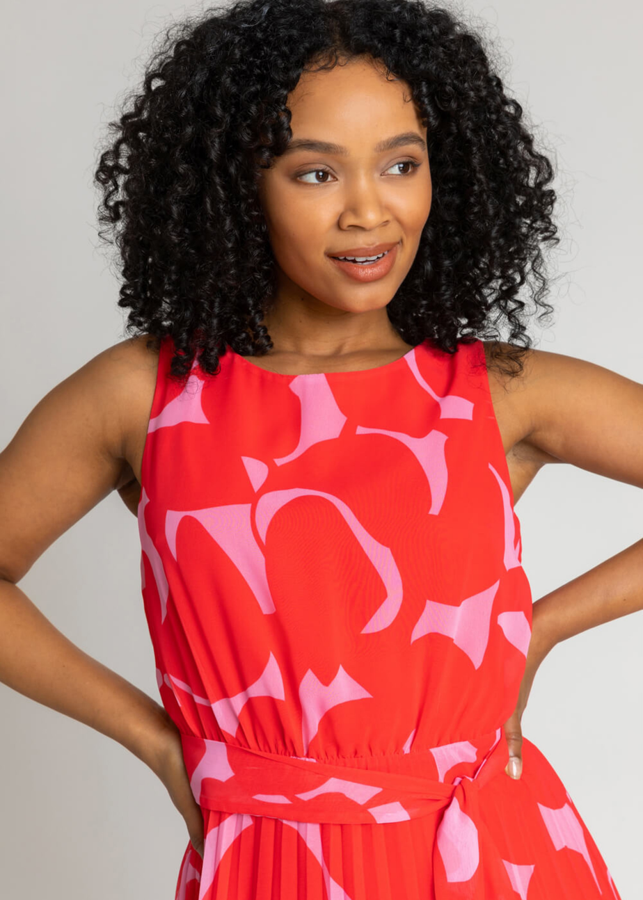 Roman Red Petite Abstract Print Pleated Midi Dress