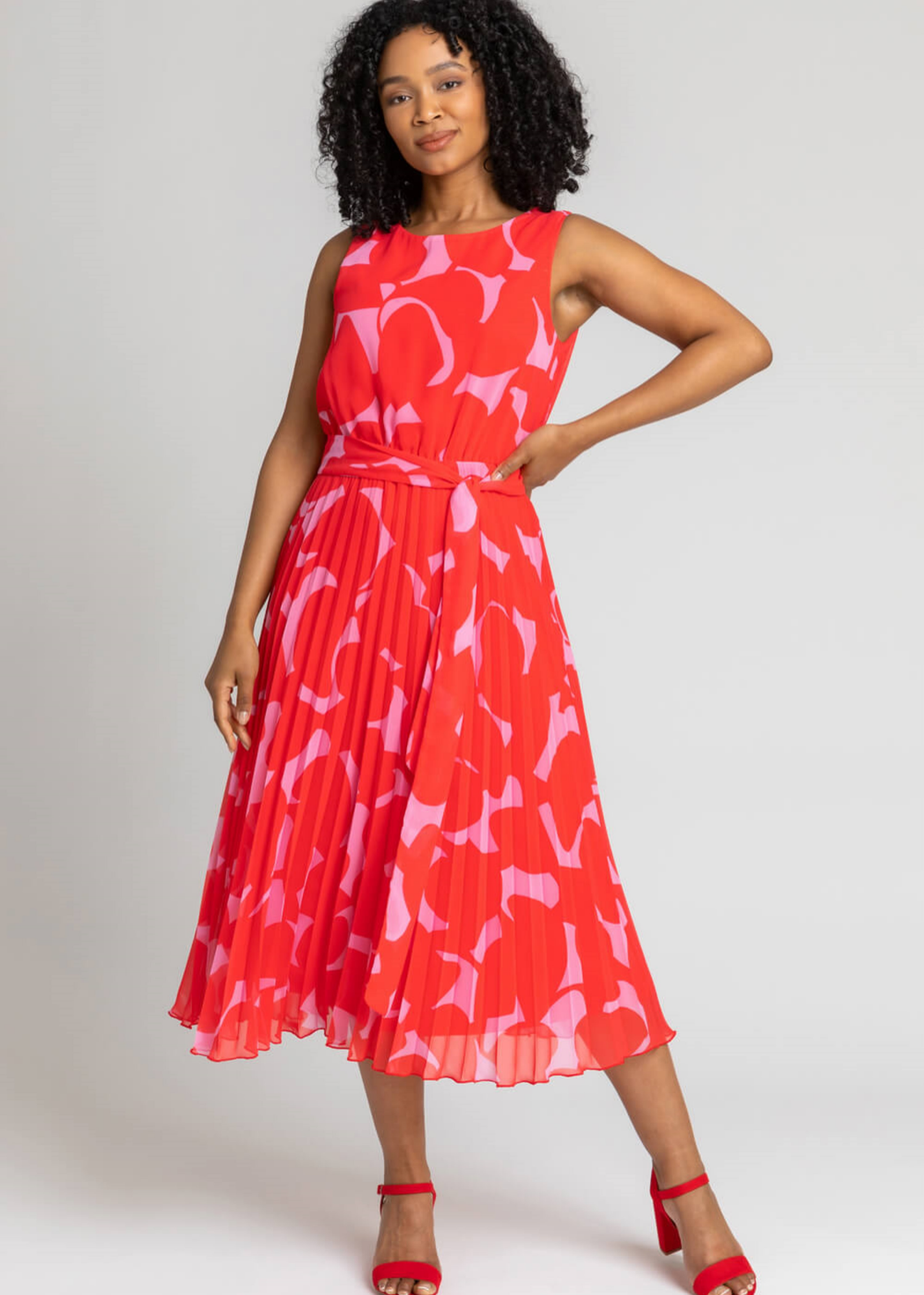 Roman Red Petite Abstract Print Pleated Midi Dress