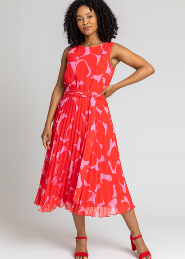 Roman Red Petite Abstract Print Pleated Midi Dress